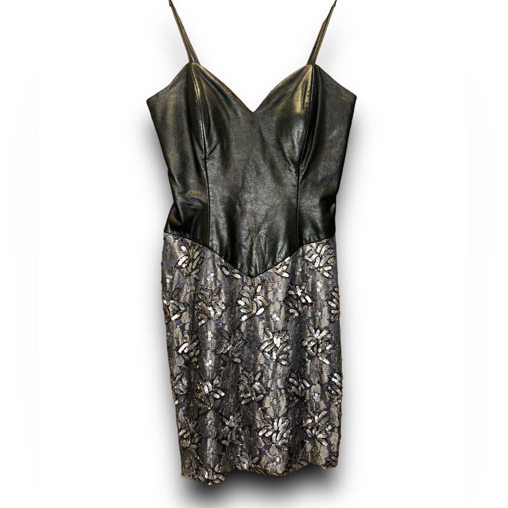 Party Dress • Leather, Lace, & Sequins, Gray and Silver Mini Dress, Small